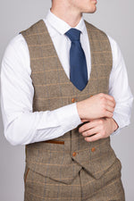 Ted - Tan Tweed Check Double Breasted Waistcoat