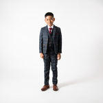 Eton - Childrens Navy Blue Tweed Check Three Piece Suit