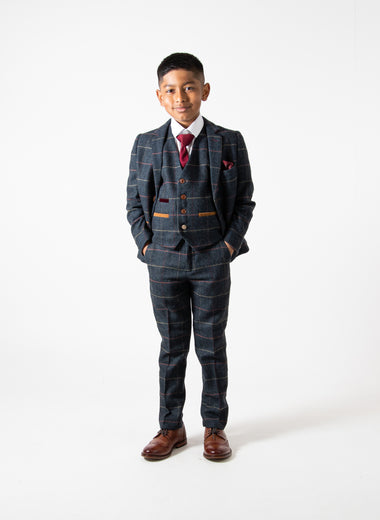 Eton - Childrens Navy Blue Tweed Check Three Piece Suit