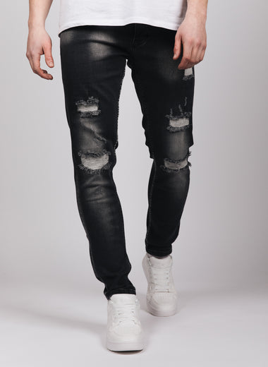Black 2Y Washed Multi Rip Jeans