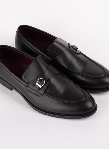 Black Silver Buckle Round Toe Loafers