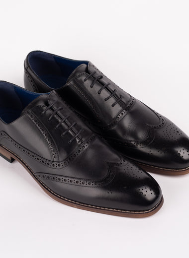 Round Toe Leather Brogue Shoe with Brown Soles