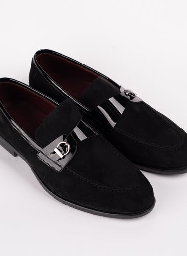 Black Suede Loafer with Patent Buckle