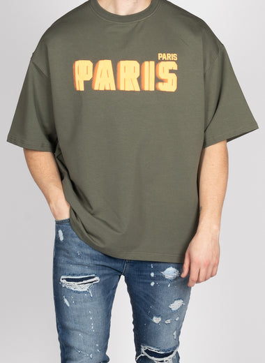 Neon Paris Print T-Shirt Khaki