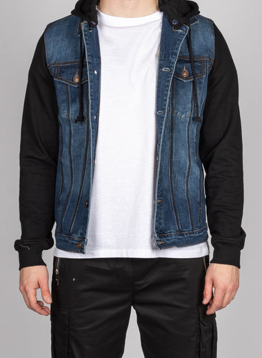 Blue Denim Jacket with Black Sweat Sleeves and Hood