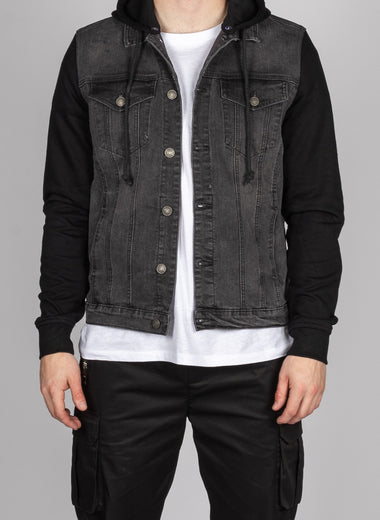 Dark Grey Denim Jacket with Black Sweat Sleeves and Hood