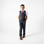 Eton - Childrens Navy Blue Tweed Check Three Piece Suit