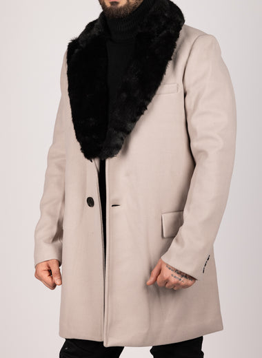 Single Breasted Overcoat With Removeable Fur Collar Beige