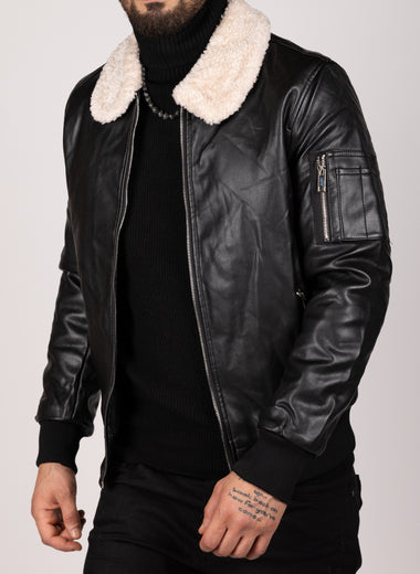 Borg Collar Leather Jacket Black