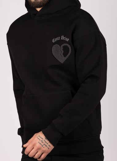 Embroidered Brocken Heart Hoodie Black