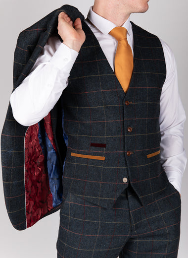 Eton - Single Breasted Navy Blue Tweed Check Waistcoat