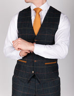 Eton - Single Breasted Navy Blue Tweed Check Waistcoat