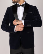 Navy Milano Couture Velvet Peak-Lapel Blazer