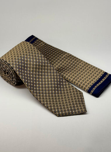 Mini Floral Pattern Tie & Pocket Square Set in Gold/Navy