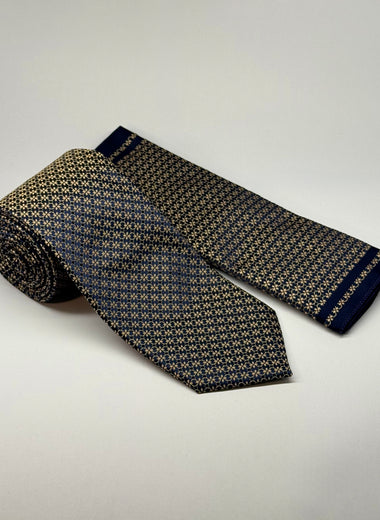 Mini Floral Pattern Tie & Pocket Square Set in Navy/Gold