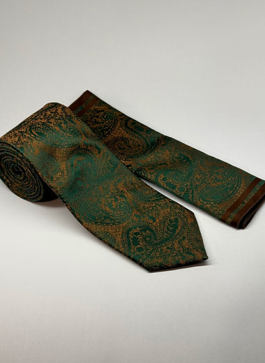 Paisley Pattern Tie & Pocket Square Set in Olive/Brown