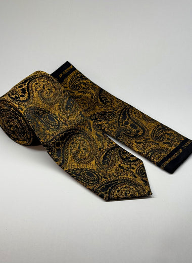 Paisley Pattern Tie & Pocket Square Set in Gold/Black