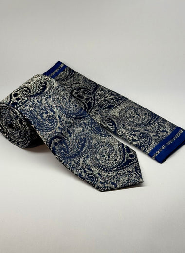 Paisley Pattern Tie & Pocket Square Set in Grey/Navy